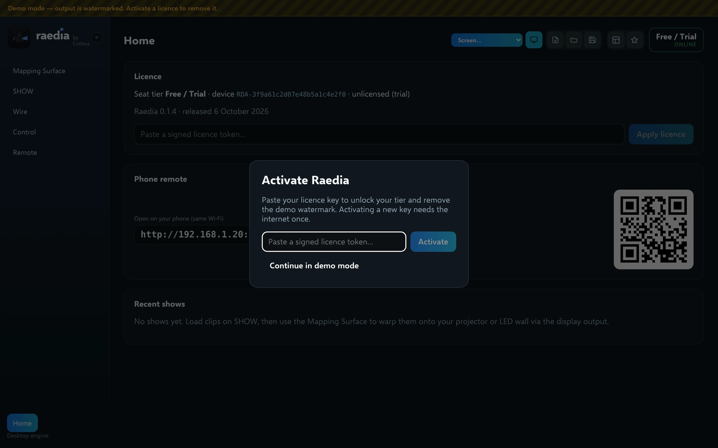 The Activate Raedia window in front of the Home screen