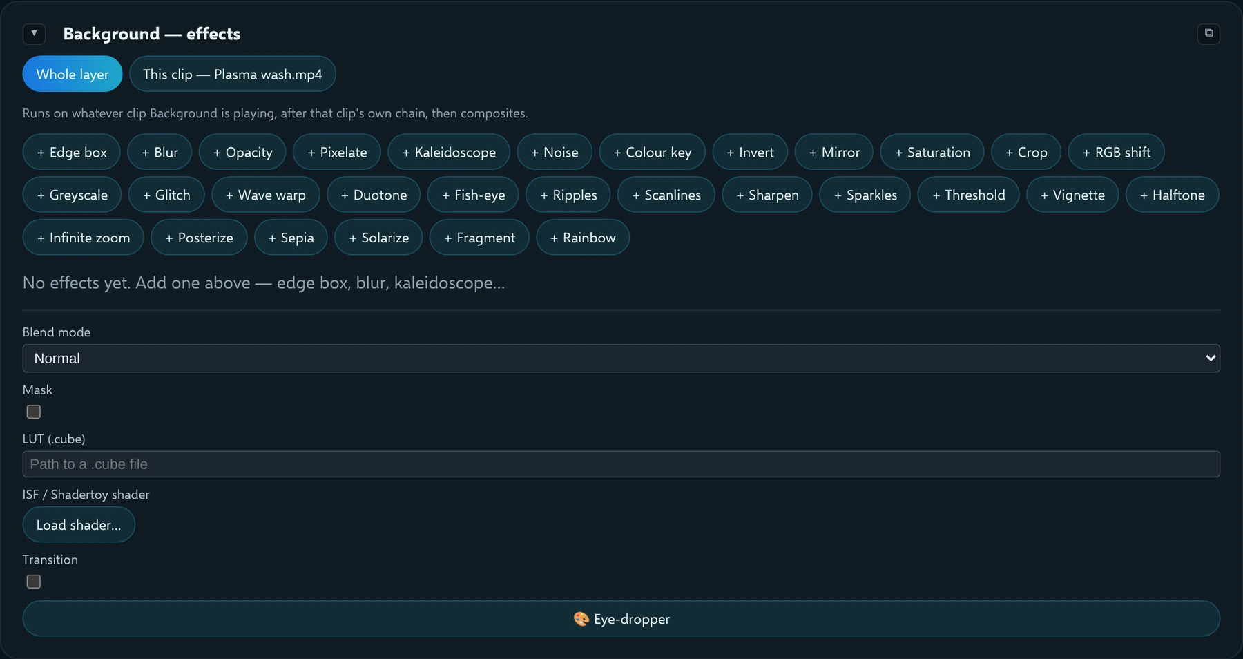 The Effects panel for the Background layer with its rows of effect chips