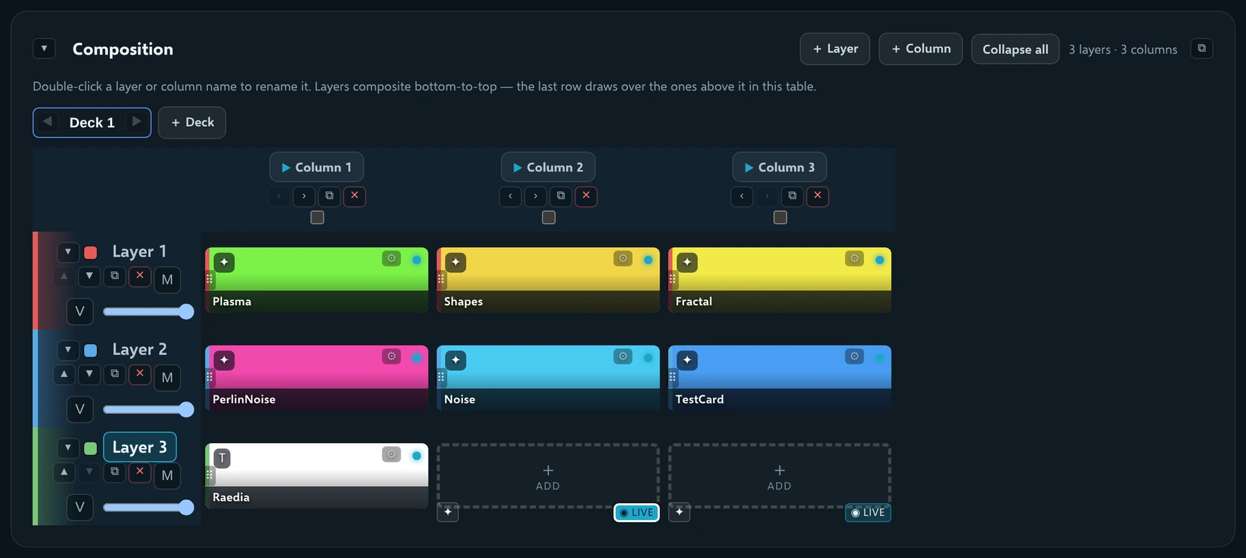 The grid filled with generator clips and a live text clip
