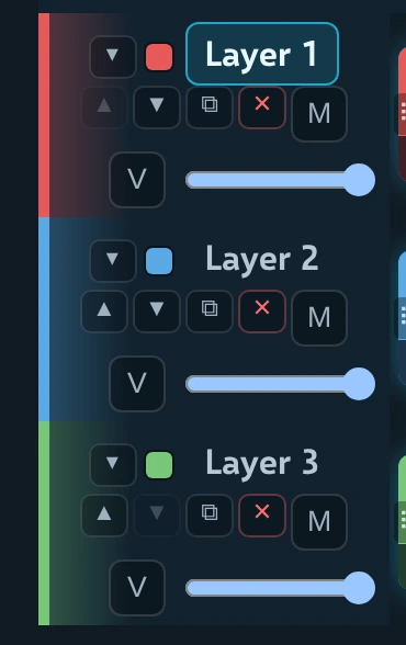 Close-up of three layer rows with their collapse, order, copy, delete, M, V and opacity controls