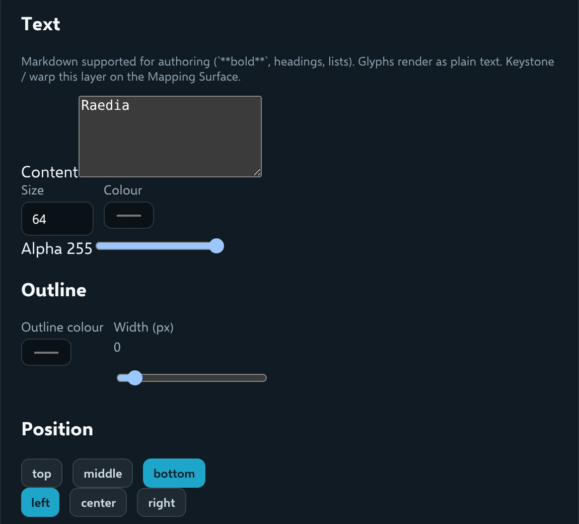 Live text settings: Content, Size, Colour, Alpha, Outline and Position