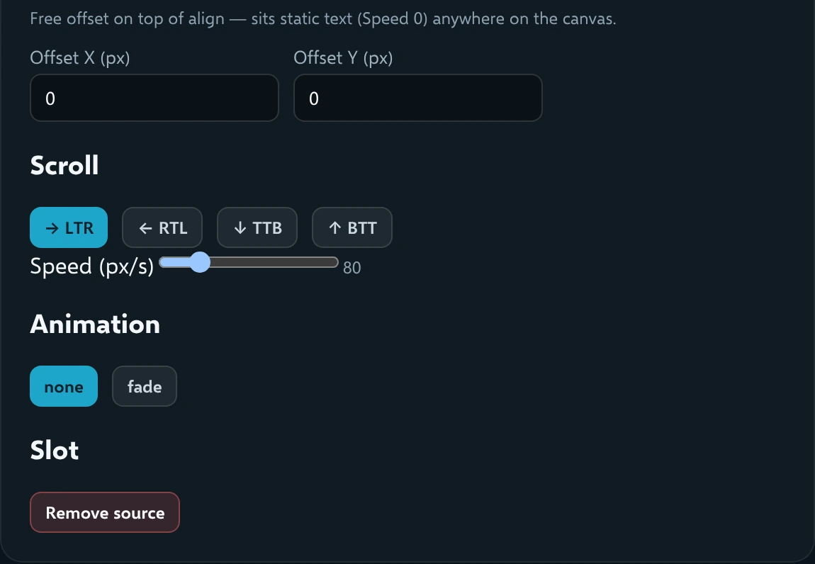 Live text settings: Offset, Scroll direction and speed, Animation
