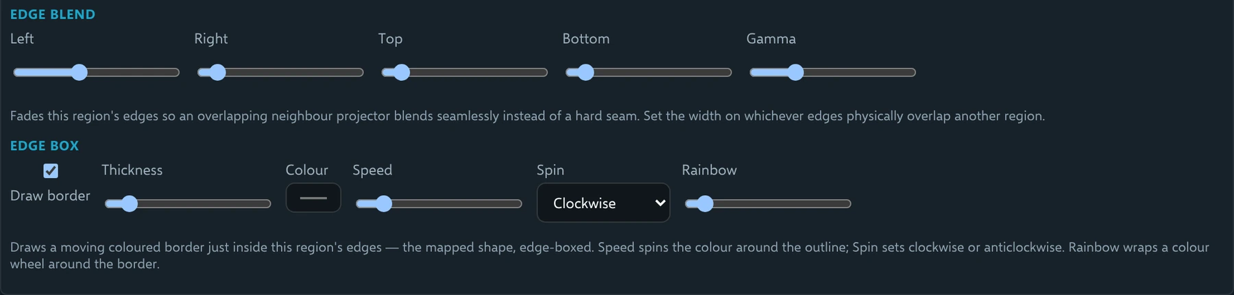 Edge blend sliders for Left, Right, Top, Bottom and Gamma, and the Edge box row with Draw border ticked