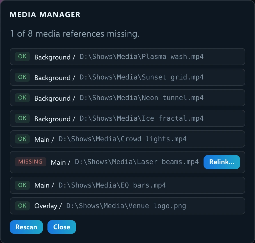 Media Manager listing eight clips, seven marked OK and one marked Missing with a Relink button