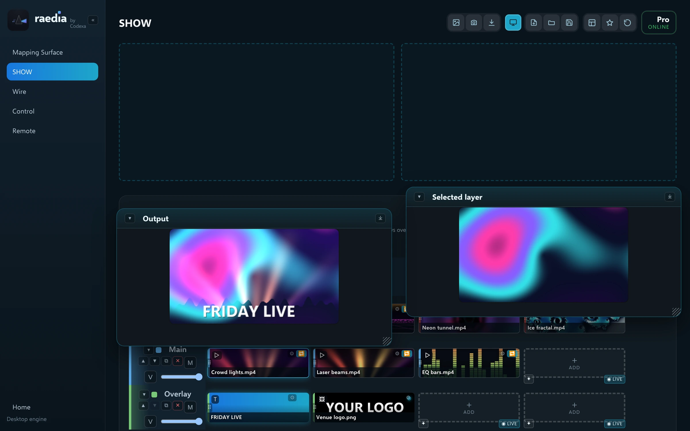 The Output and Selected layer previews floating over the grid
