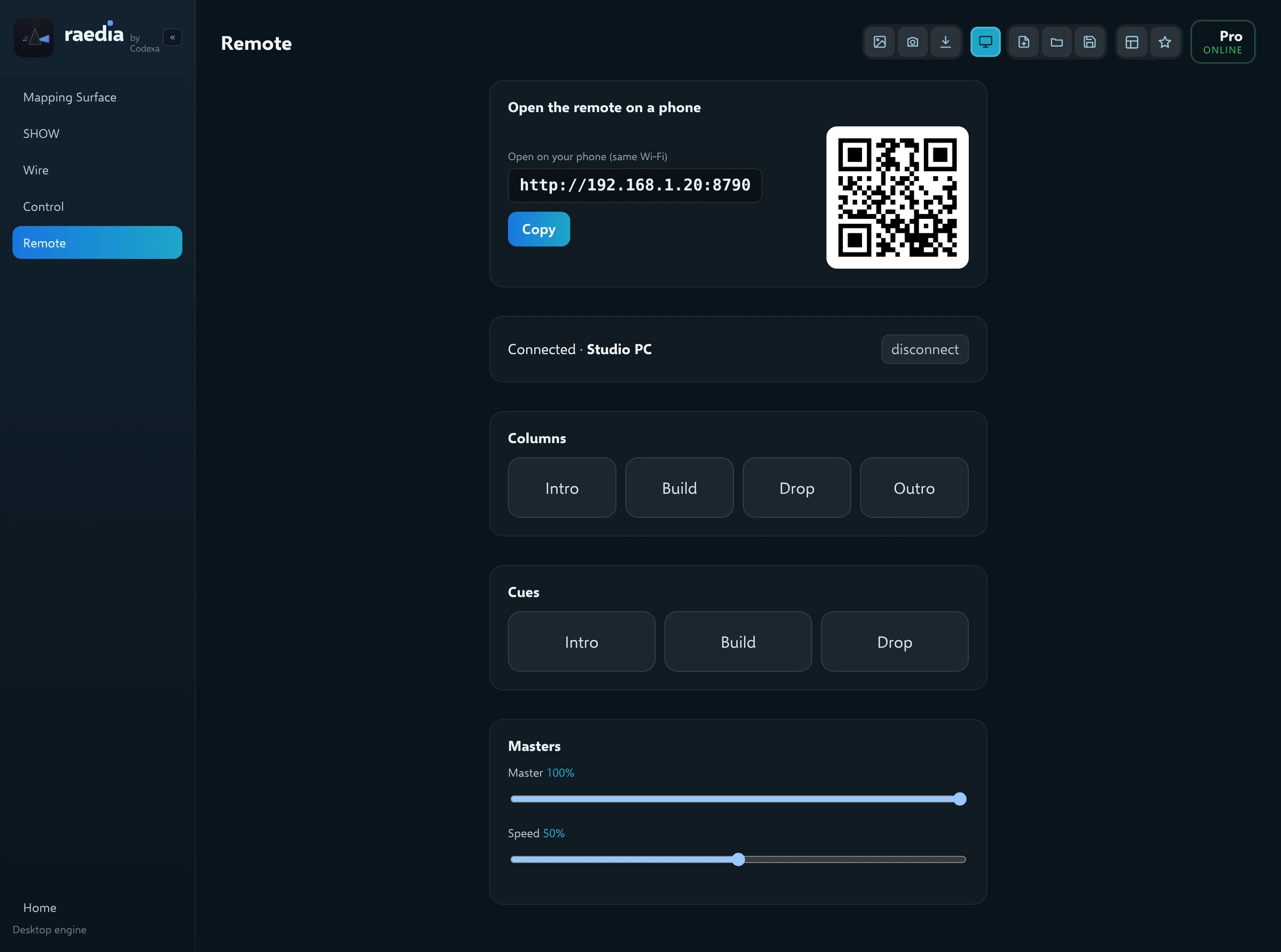 The Remote view with the phone address, a QR code, and Columns, Cues and Masters sections
