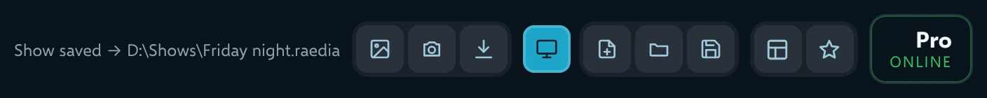 The top bar while the output is live: the monitor button is lit and the screen list is hidden