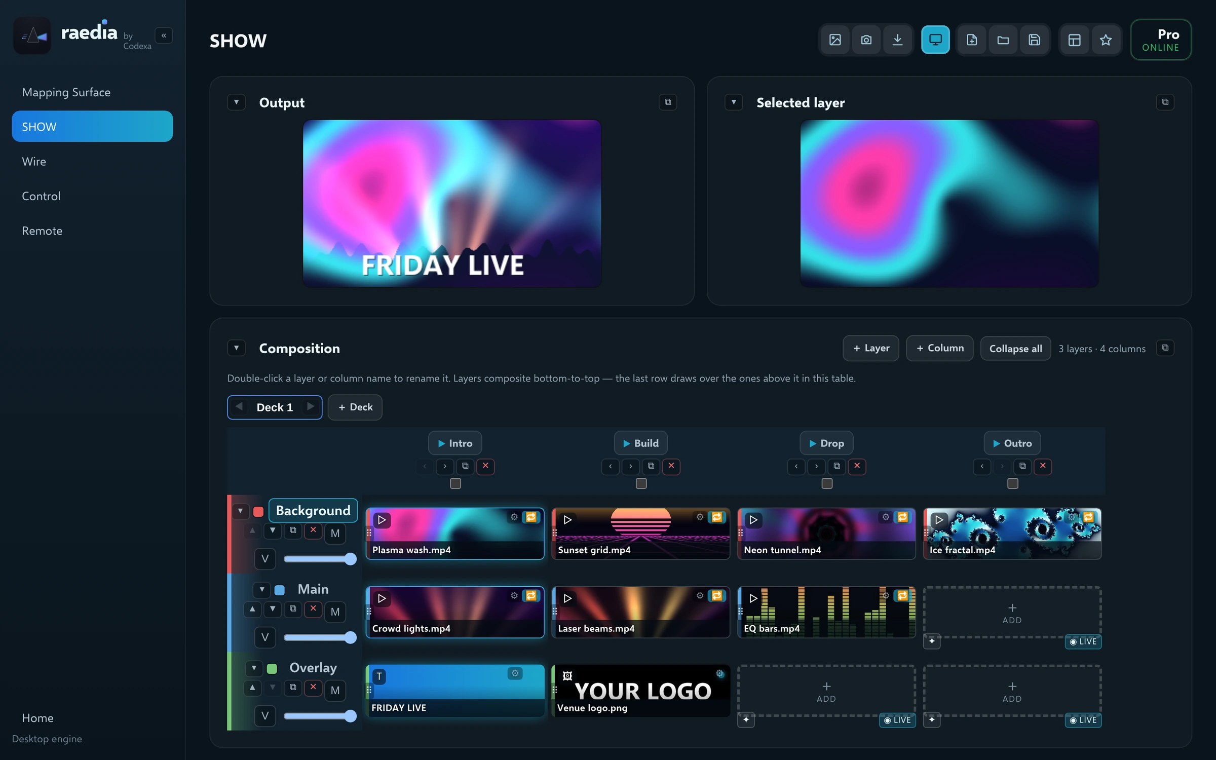 SHOW with the output live: both previews show video and the first column is playing