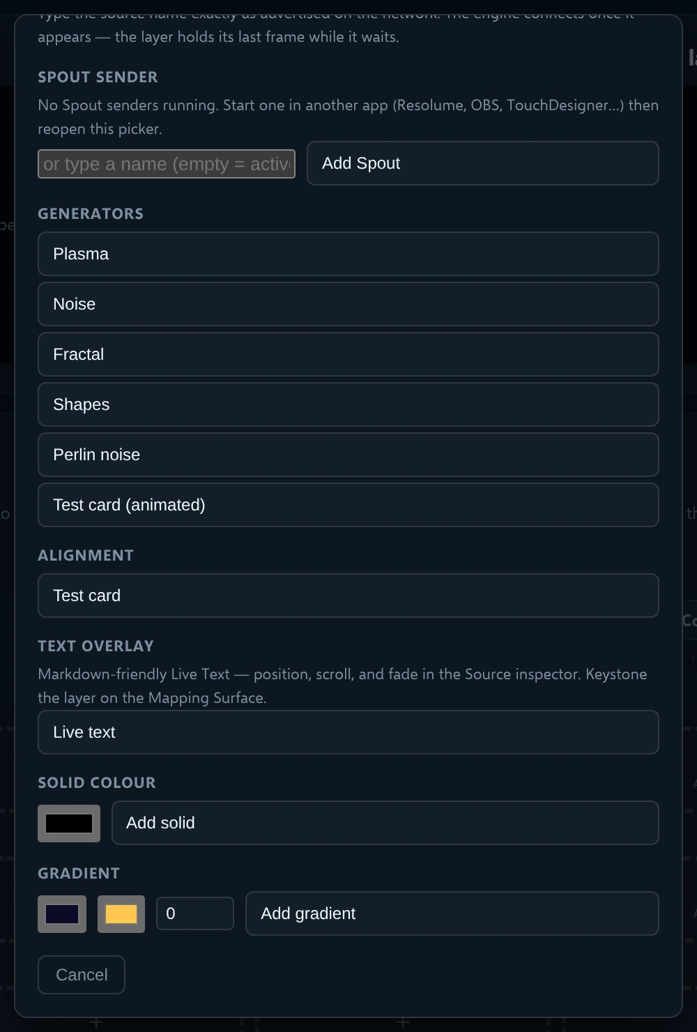 The Add a source window scrolled to Alignment, Text overlay, Solid colour and Gradient