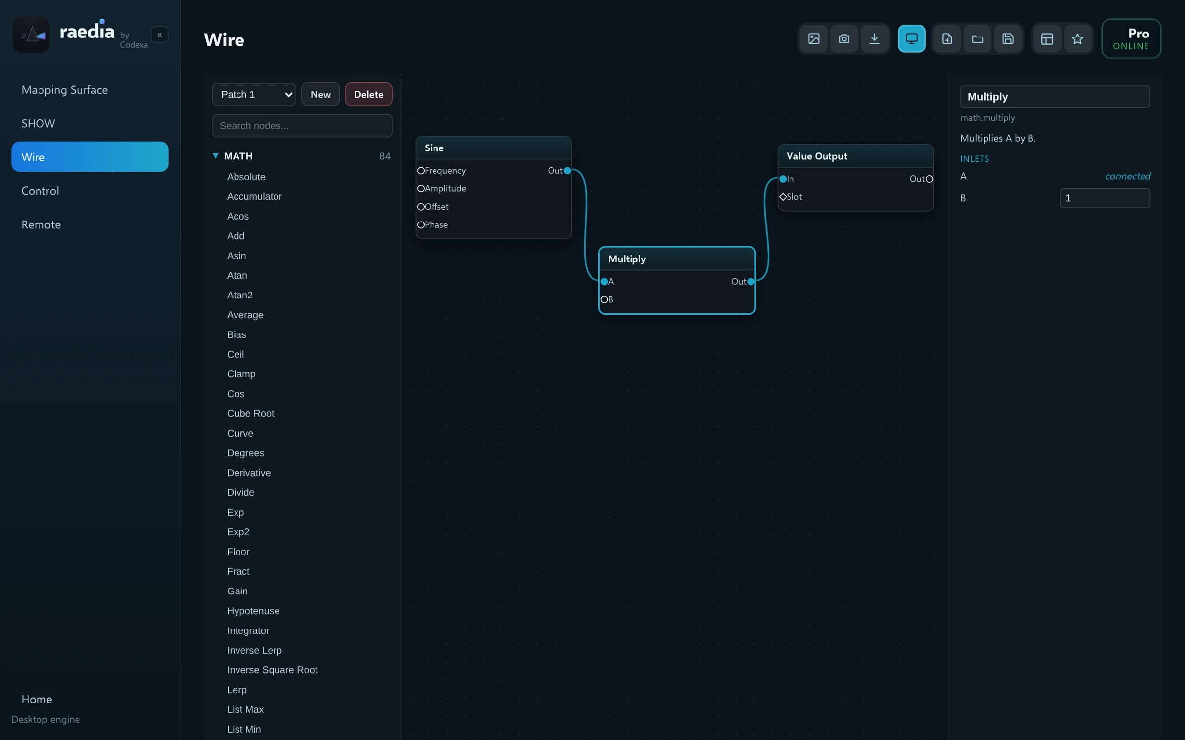 The Wire view with a node list, three nodes on the canvas joined by cords, and an inspector